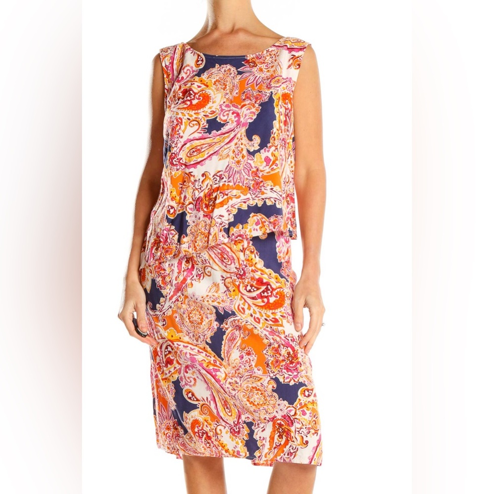J.Jill Paisley Sleeveless Rayon Flounce Shift Mini Dress Orange Purple Medium